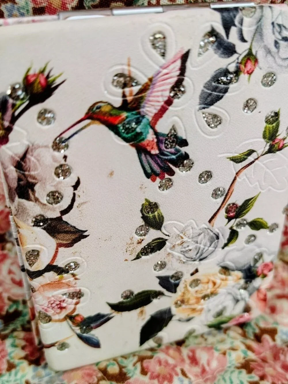 New Metal Case Hinged Pocket Mirror, Floral, Hummingbirds